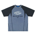 Blue men's hip hop letter print cotton t-shirt with raglan sleeves, laid flat.