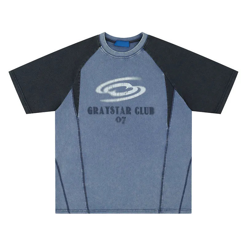Blue men's hip hop letter print cotton t-shirt with raglan sleeves, laid flat.