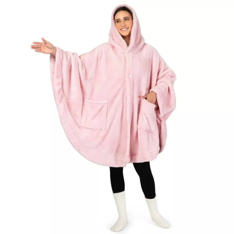 Thick hooded polyester bathrobe in cardigan style, shown in black, dark grey, or pink colour options.