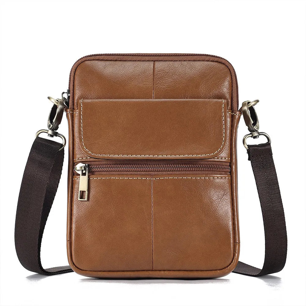Men's brown leather crossbody shoulder bag with sewing line detailing and shoulder strap