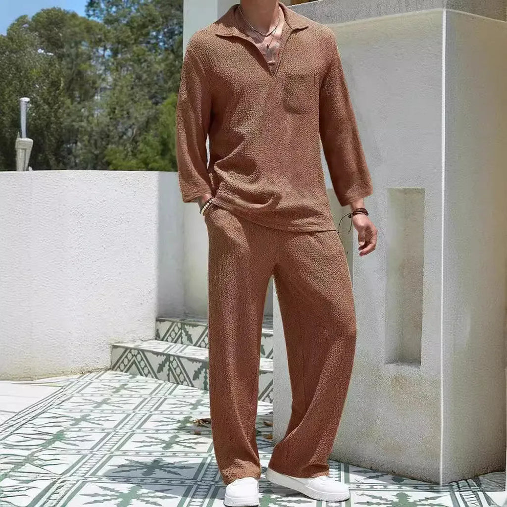 Men's casual shirt trousers commuter suit in polyester, shown in lake blue colour with shirt-style jacket.