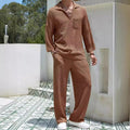 Men's casual shirt trousers commuter suit in polyester, shown in lake blue colour with shirt-style jacket.
