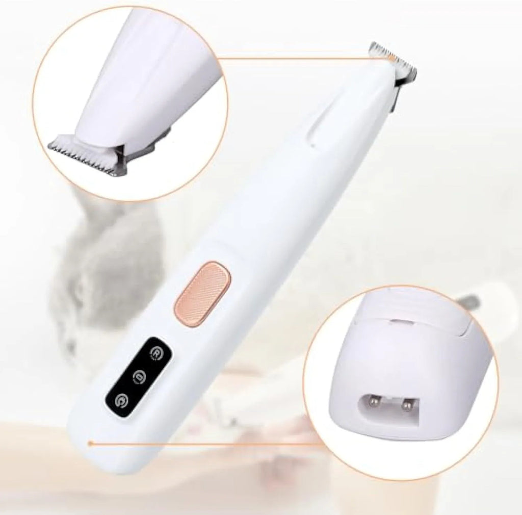 White electric dog paw trimmer with LED light showing compact design and grooming blades