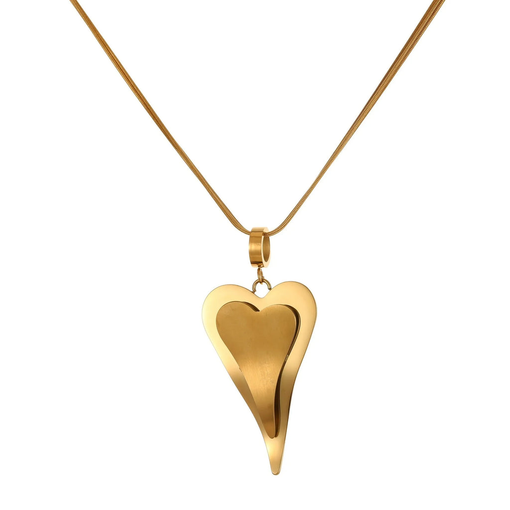 Women's stainless steel necklace with double heart geometric pendant featuring snake bones design in gold plating