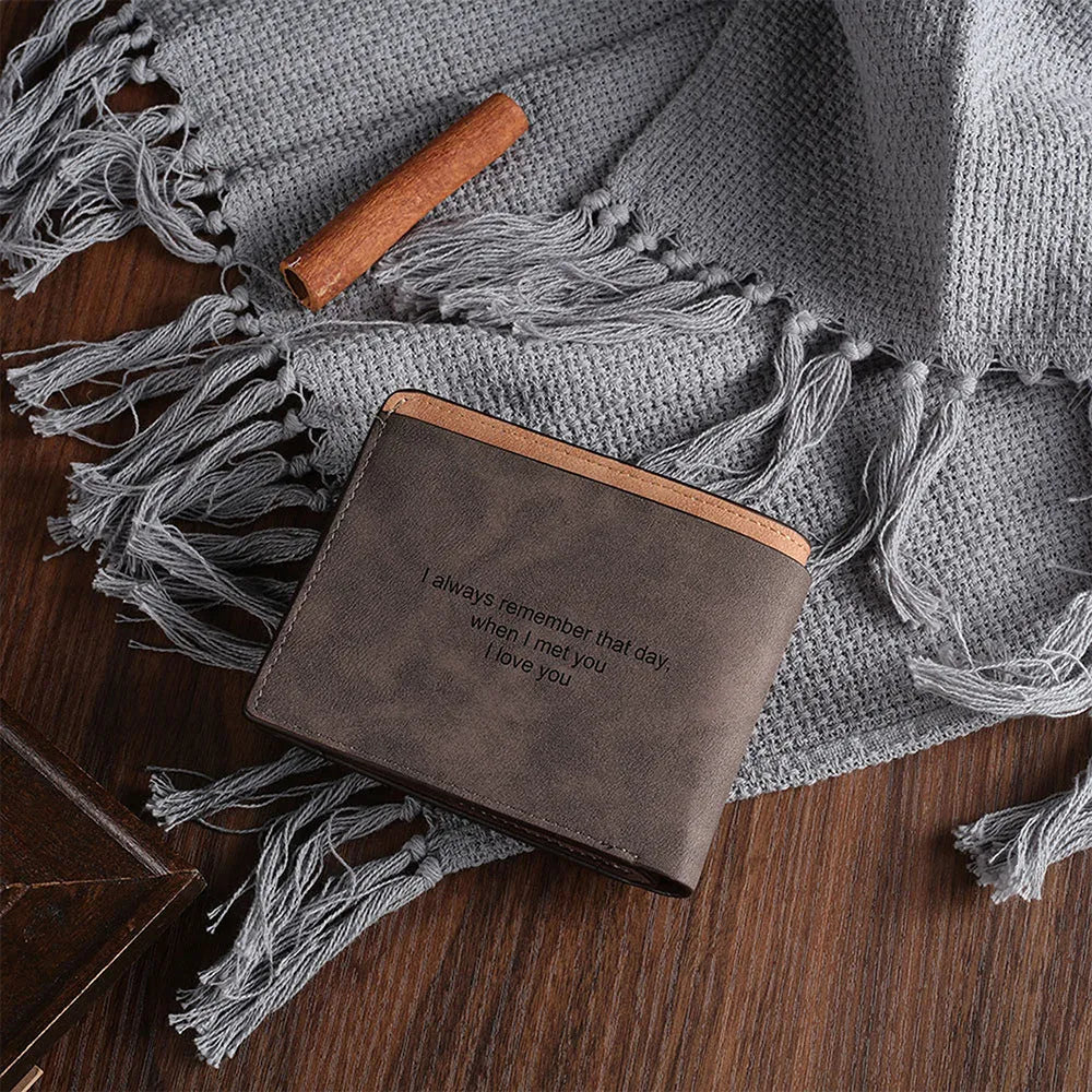 Coffee brown engraved horizontal short wallet with personalisation showing seven-slot interior
