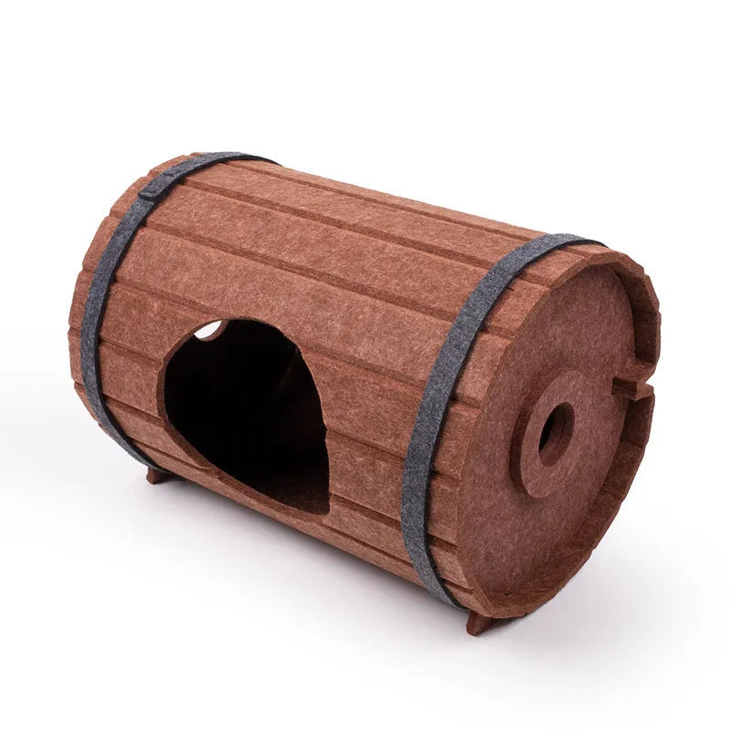 DIY wine barrel-shaped cat bed made from grey polyester fibre felt, showing three flat pieces and two straps for assembly.