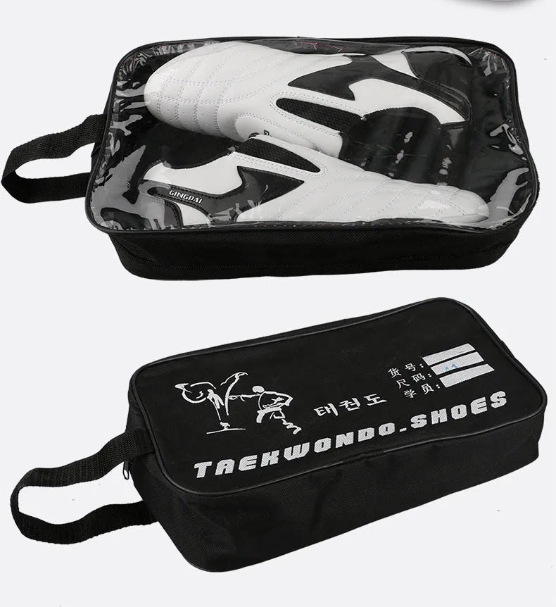 Black and White children's martial arts training shoes with soft bottom construction
