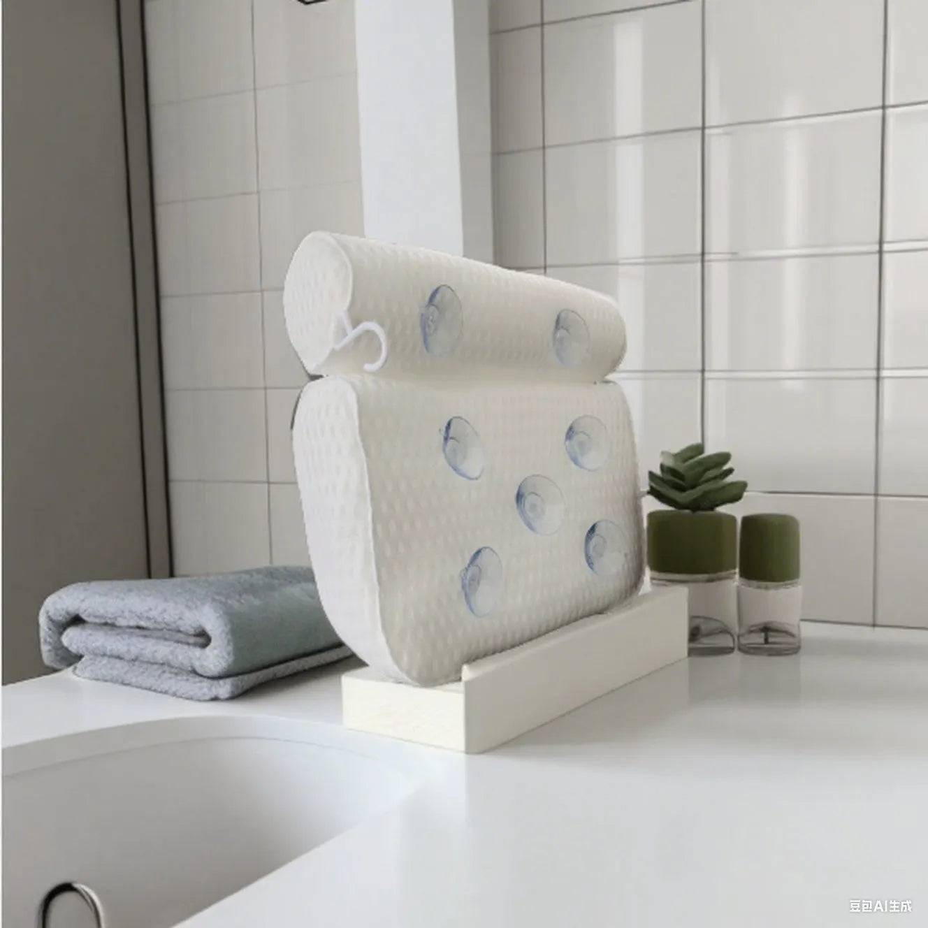 White bathtub pillow with 3D mesh material and suction cups for bathroom use