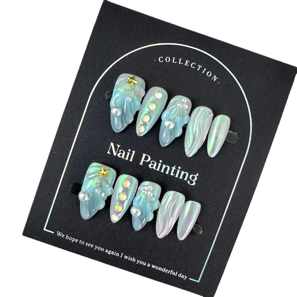 Blue shell-design plastic artificial nail tips set with four size options XS S M L