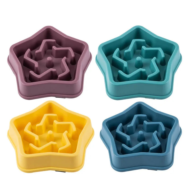 Yellow plastic dog slow feeding bowl with textured interior and anti-slip base measuring 20.1cm