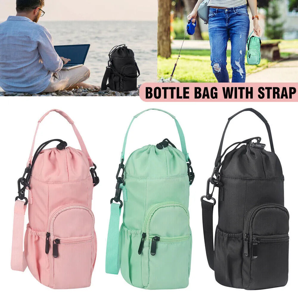 Cloth canvas water bottle pouch with a removable crossbody strap in black, green, and pink colour options.