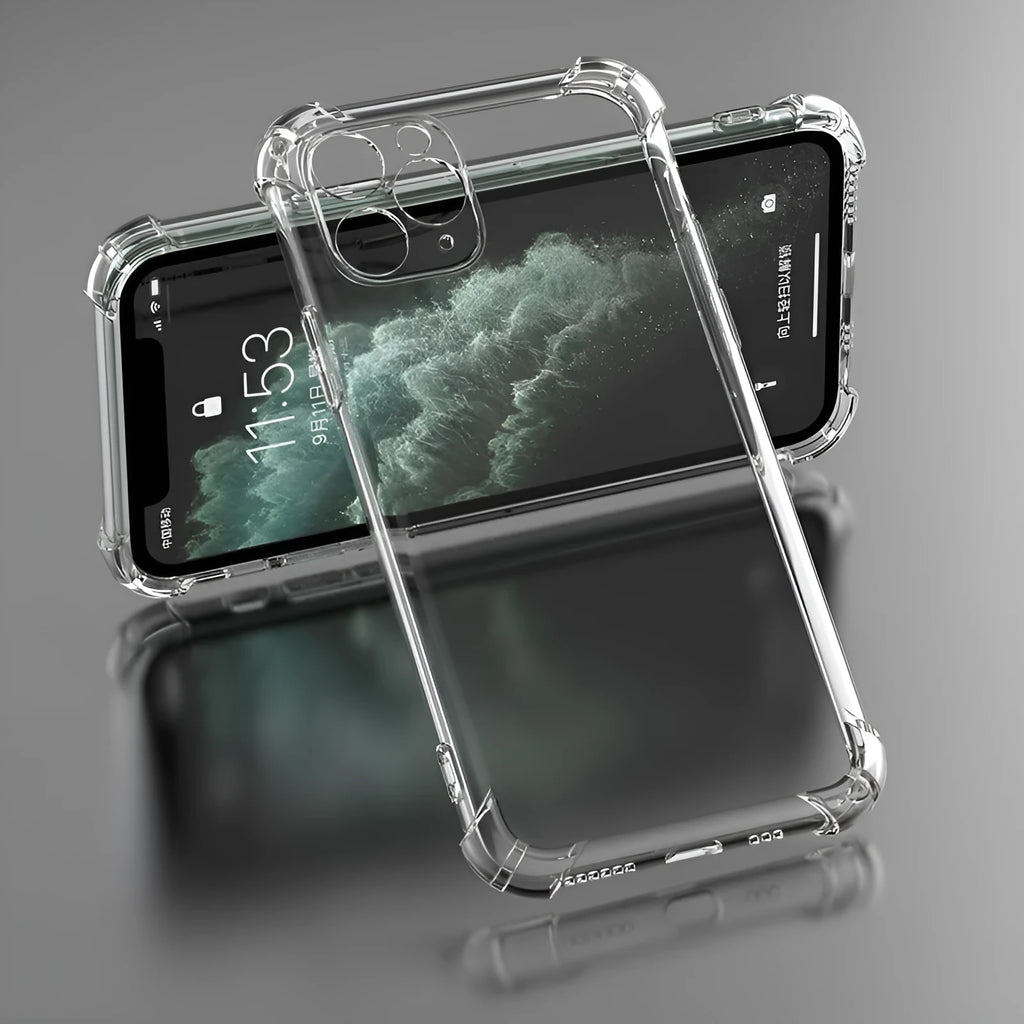 Clear TPU shockproof iPhone case showing transparent back design compatible with iPhone 6 through 13 models