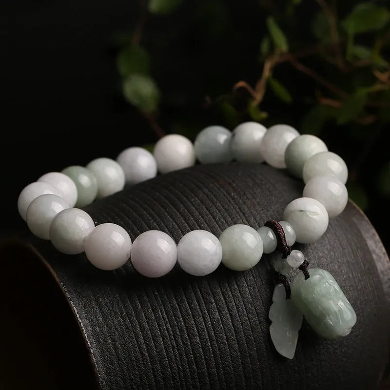 Natural emerald jade hanging bracelet with geometric design and Maitreya Buddha elements