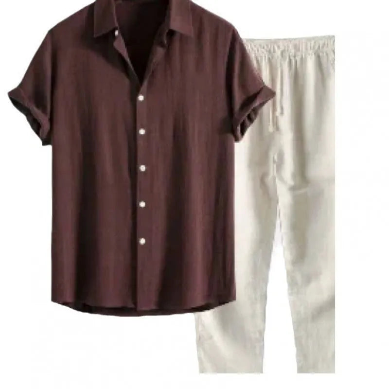 Men's casual linen-style suit set with short sleeve shirt and loose fit trousers in multiple colour options