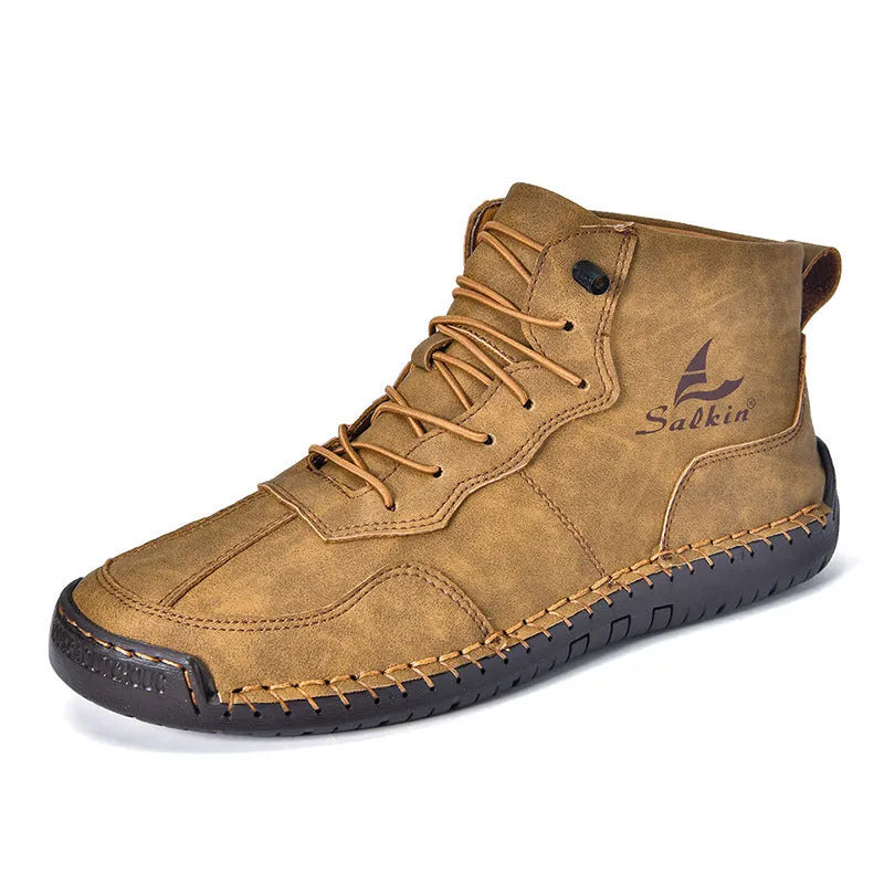 Retro high-top boots with frosted finish, round toe, and elastic band entry