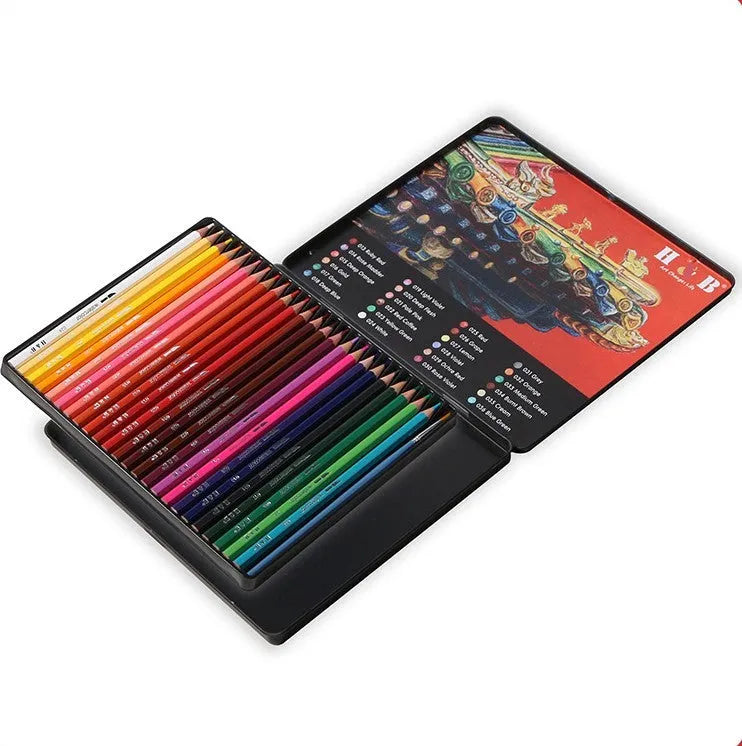 Metal tin box open to show 24 water-soluble coloured pencils in various colours