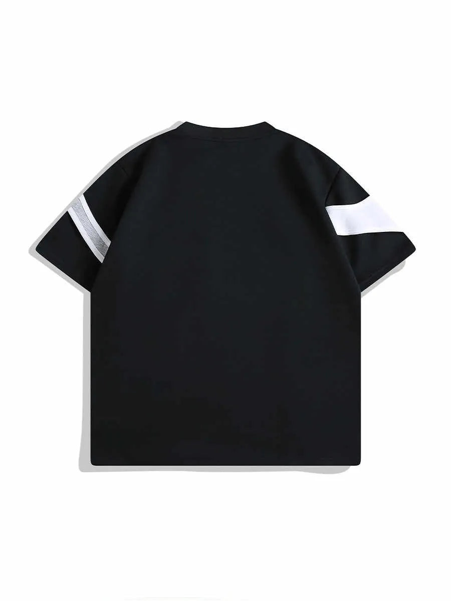 Black loose fit T-shirt with double stitching on padded shoulder strap, round neck collar, and short sleeves