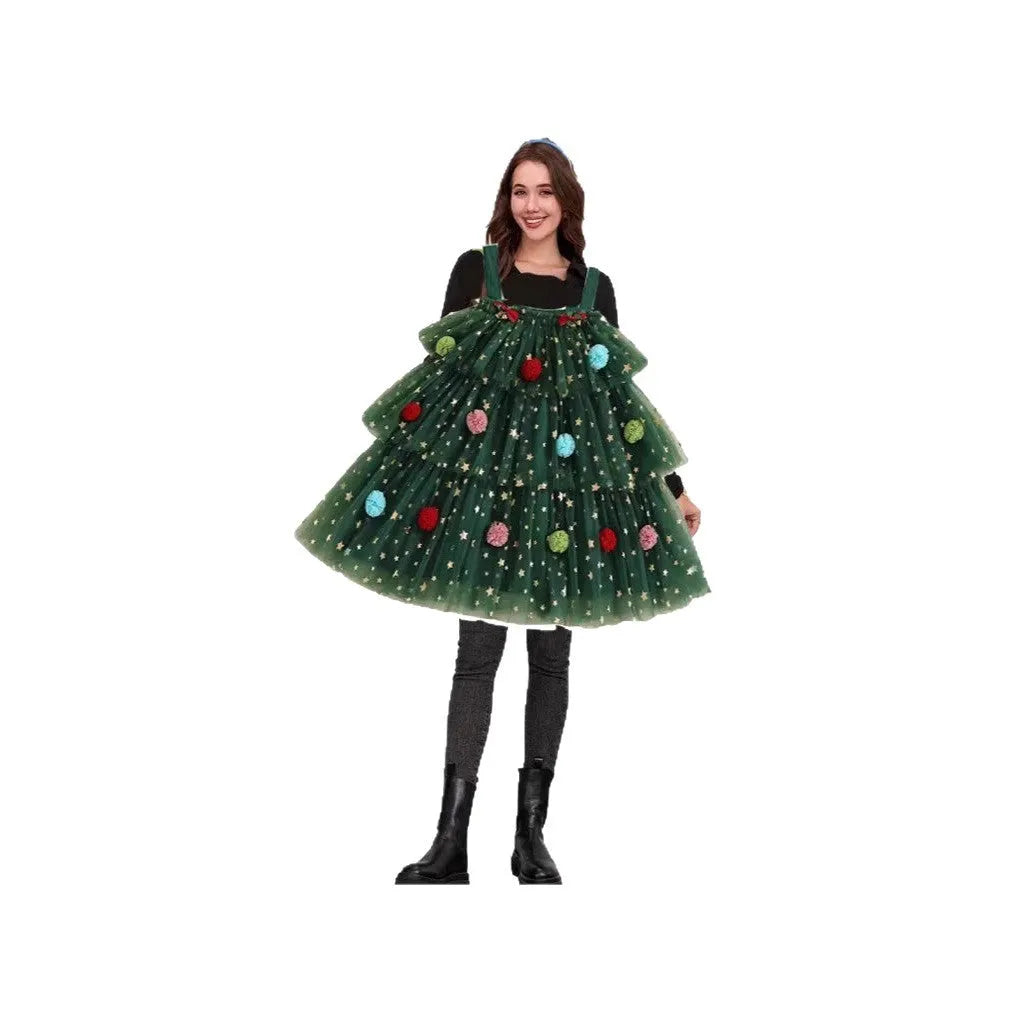 Green mesh polka dot dress with Christmas tree pattern, tiered sleeveless suspender skirt costume.