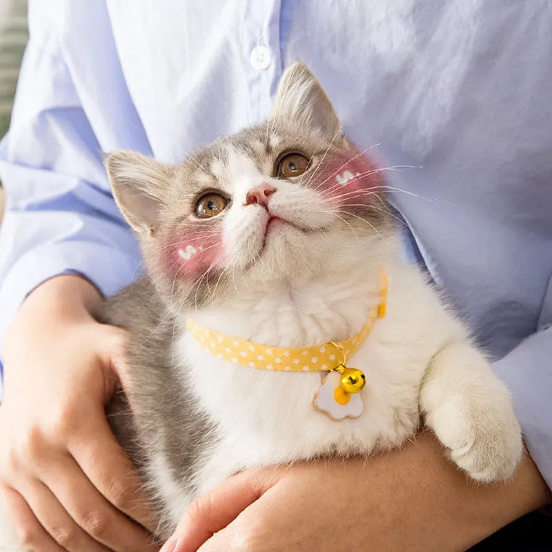 Adjustable cat collar with bell and bow tie in green pink or yellow for small dogs and cats
