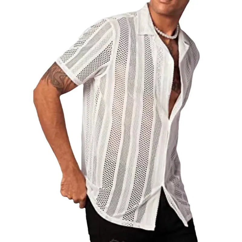 Men's black knitted short-sleeve button-up shirt with a cardigan style and Jacquard texture on a hanger.