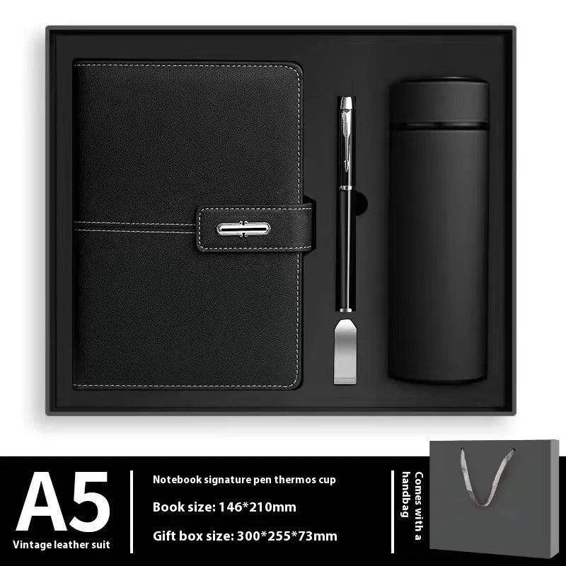 A5 notebook with a PU leather cover, open to show wood-free paper pages.