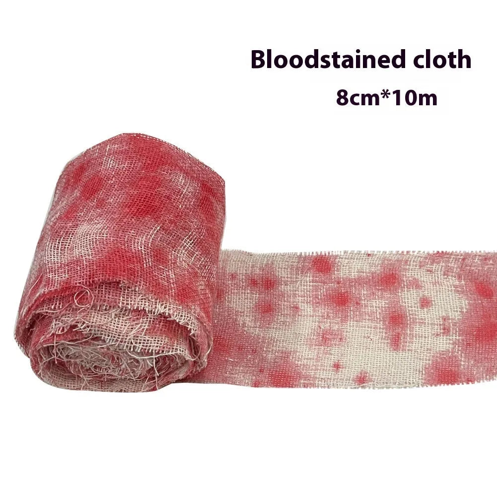 Red and white polyester Halloween horror bandage showing 8cm width and rolled length