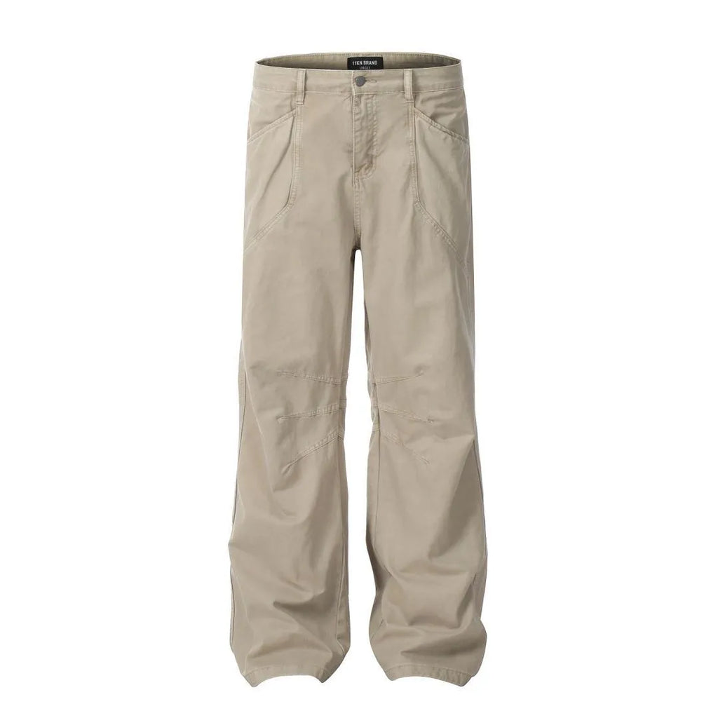 Men's loose straight-leg high-waist jeans in brown cotton fabric laid flat