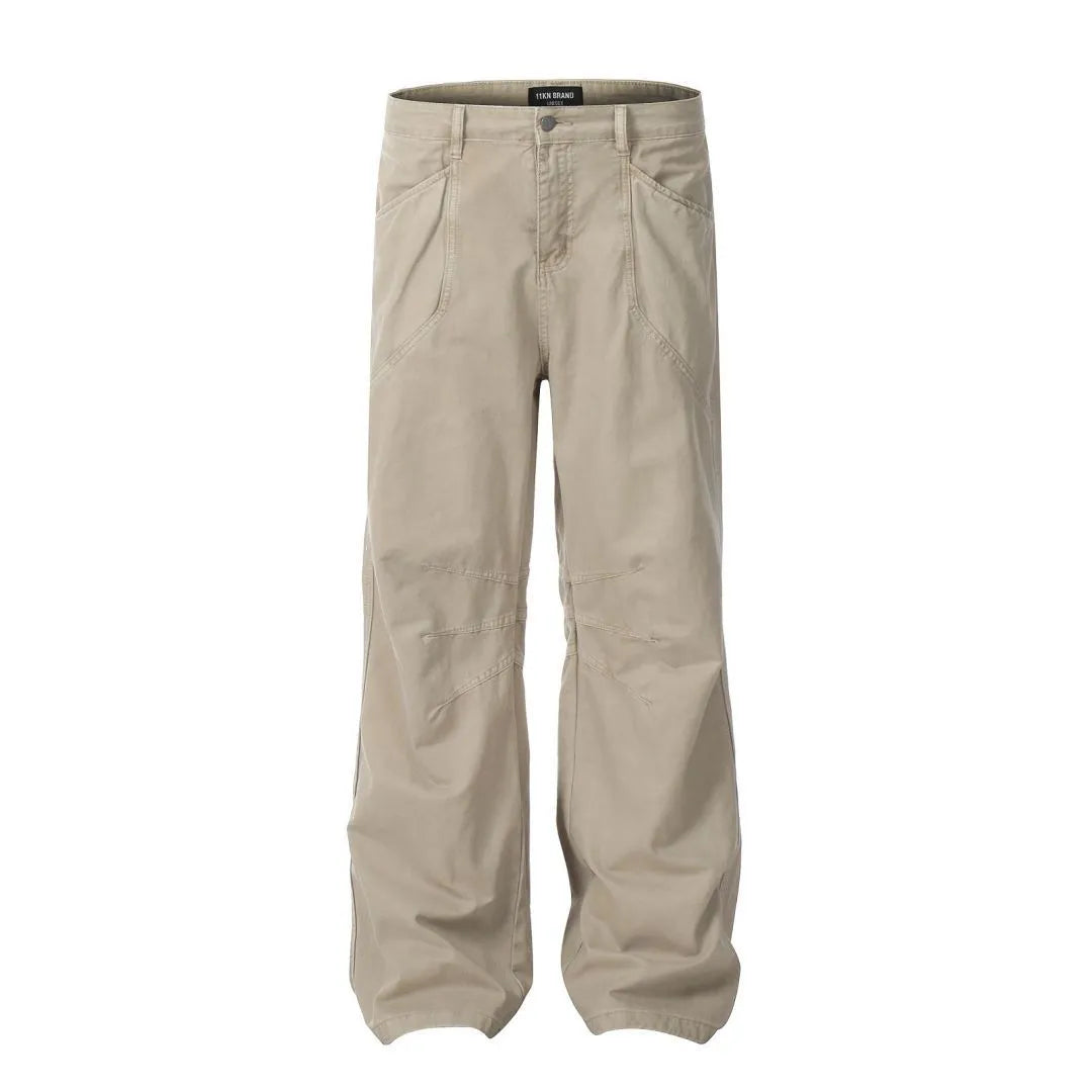 Men's loose straight-leg high-waist jeans in brown cotton fabric laid flat