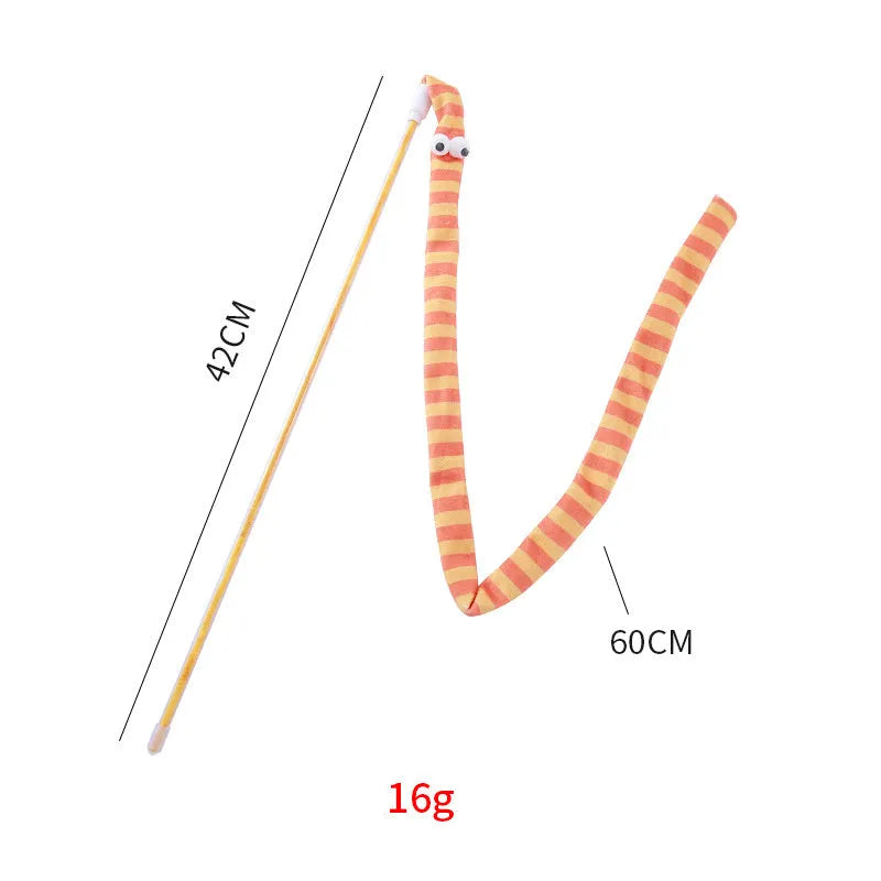 Colourful cat teaser wand toy with a long plush strip and polycarbonate pole