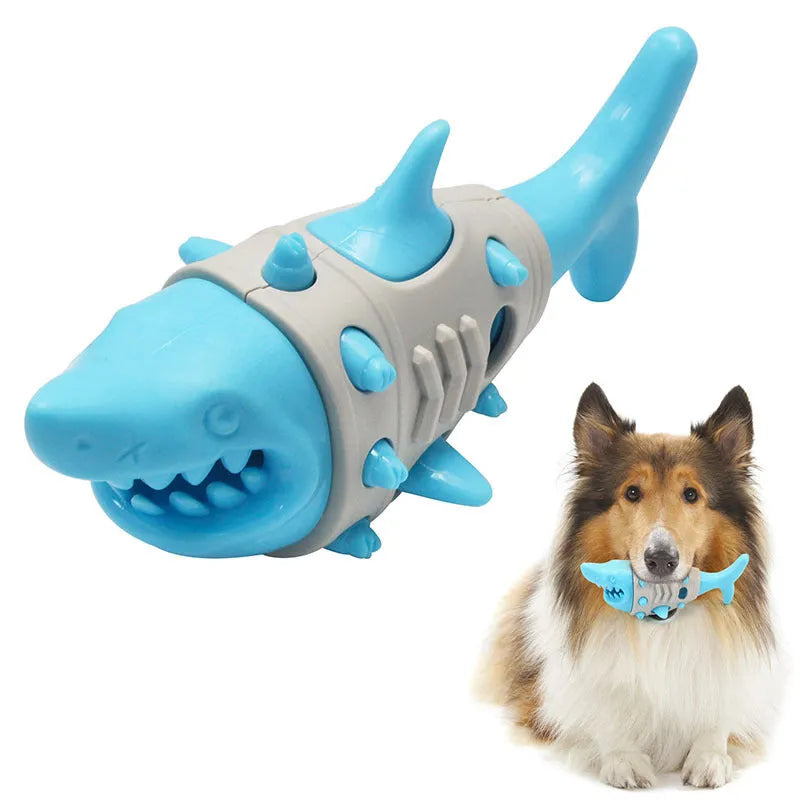 Shark tooth patterned dog chew toy for teething puppies and dental cleaning in blue colour