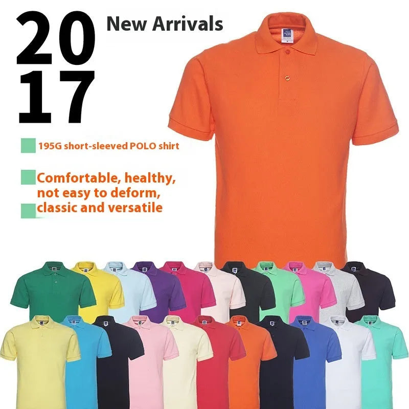 A plus size model wearing a solid colour short sleeve polo shirt with a lapel collar.