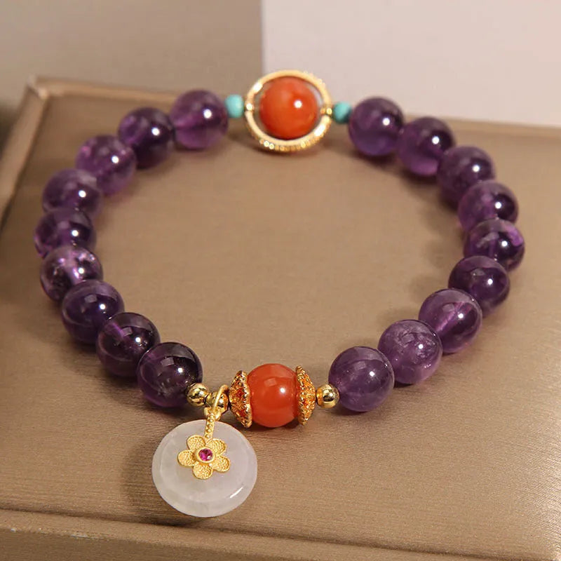 Amethyst crystal bracelet for women with jade safety knot and small flower inlay