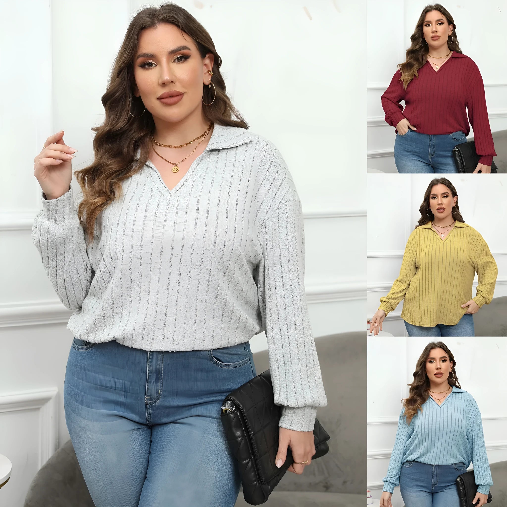 Women's plus size polo collar pullover shirt in melange grey polar fleece with lantern sleeves