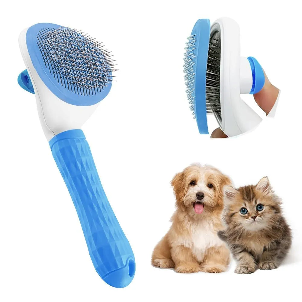 Cat grooming brush with release button in blue, grey, or pink, showing fine wire bristles