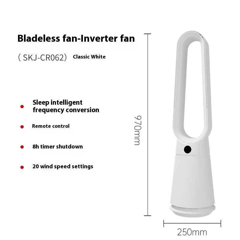 White bladeless tower floor fan with remote control on a wooden desk.