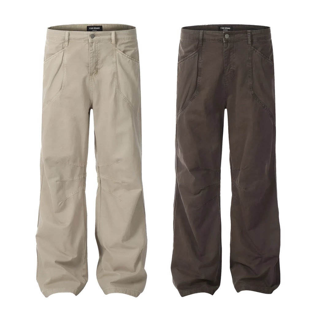 Men's loose straight-leg high-waist jeans in brown cotton fabric laid flat