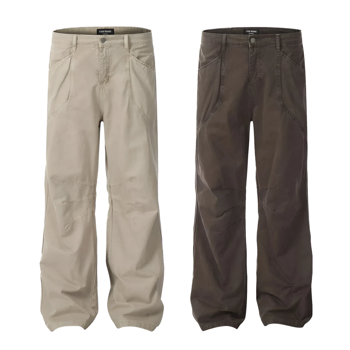 Men's loose straight-leg high-waist jeans in brown cotton fabric laid flat