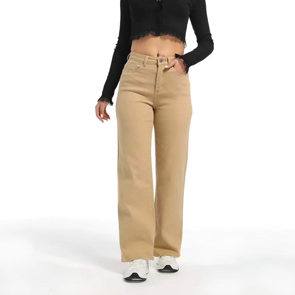 Women's high-waist straight wide-leg jeans in apricot colour, laid flat to show the cut and high-waist detail.