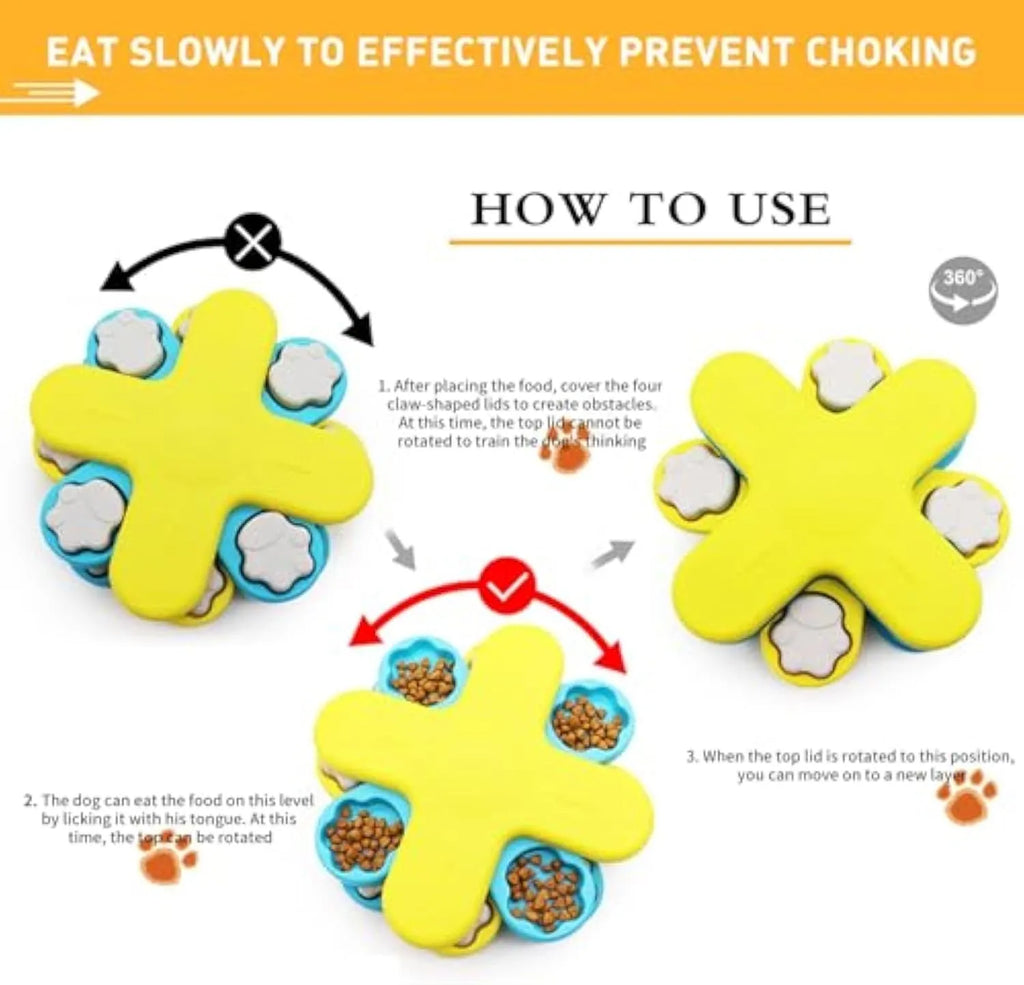Yellow dog puzzle feeder toy with three rotating layers and claw-shaped lids