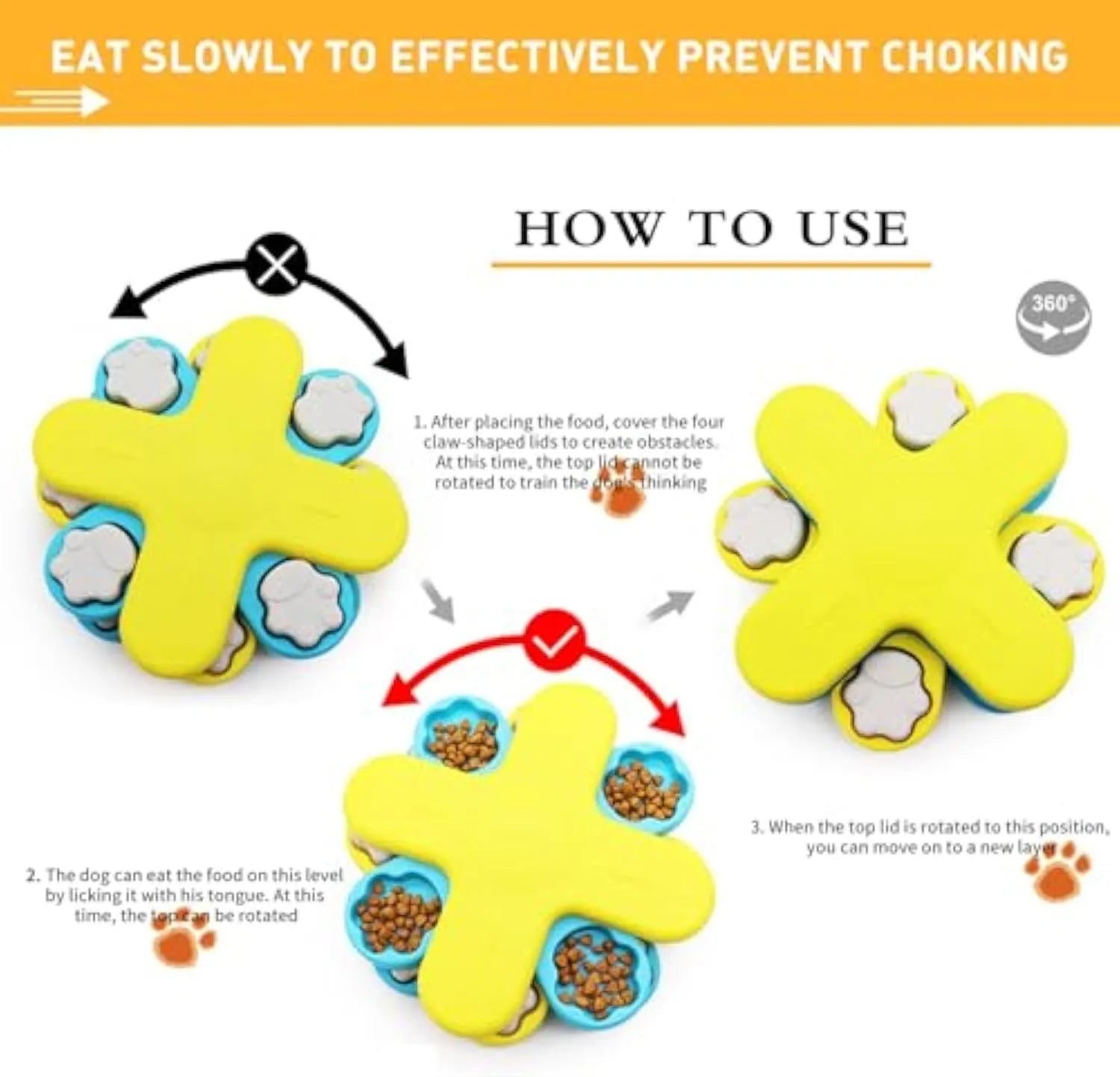 Yellow dog puzzle feeder toy with three rotating layers and claw-shaped lids