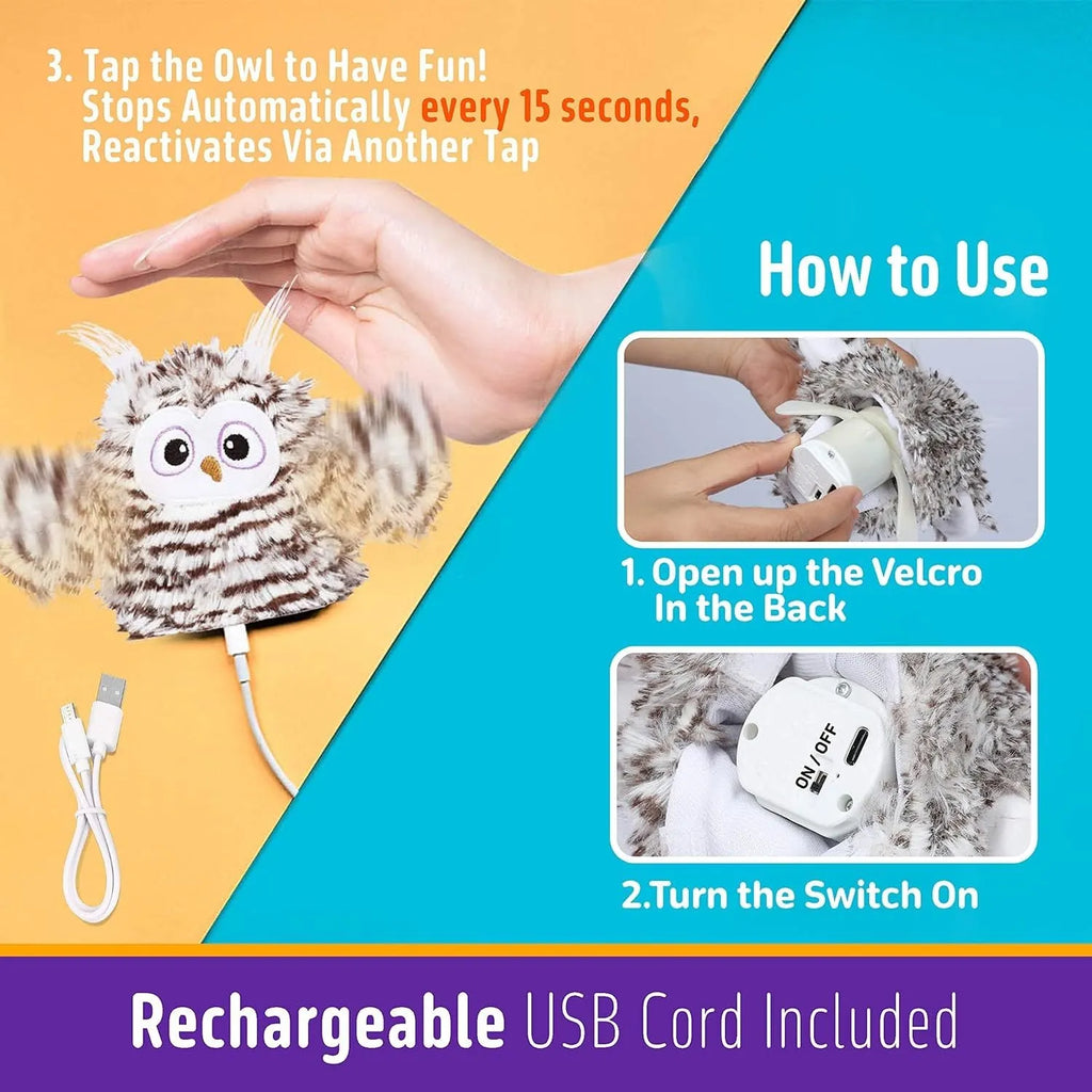 Grey automatic chirping owl cat toy with flapping wings on green background