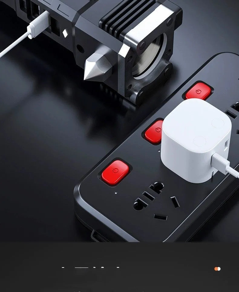 Silver plastic LED emergency flashlight with integrated power bank function.