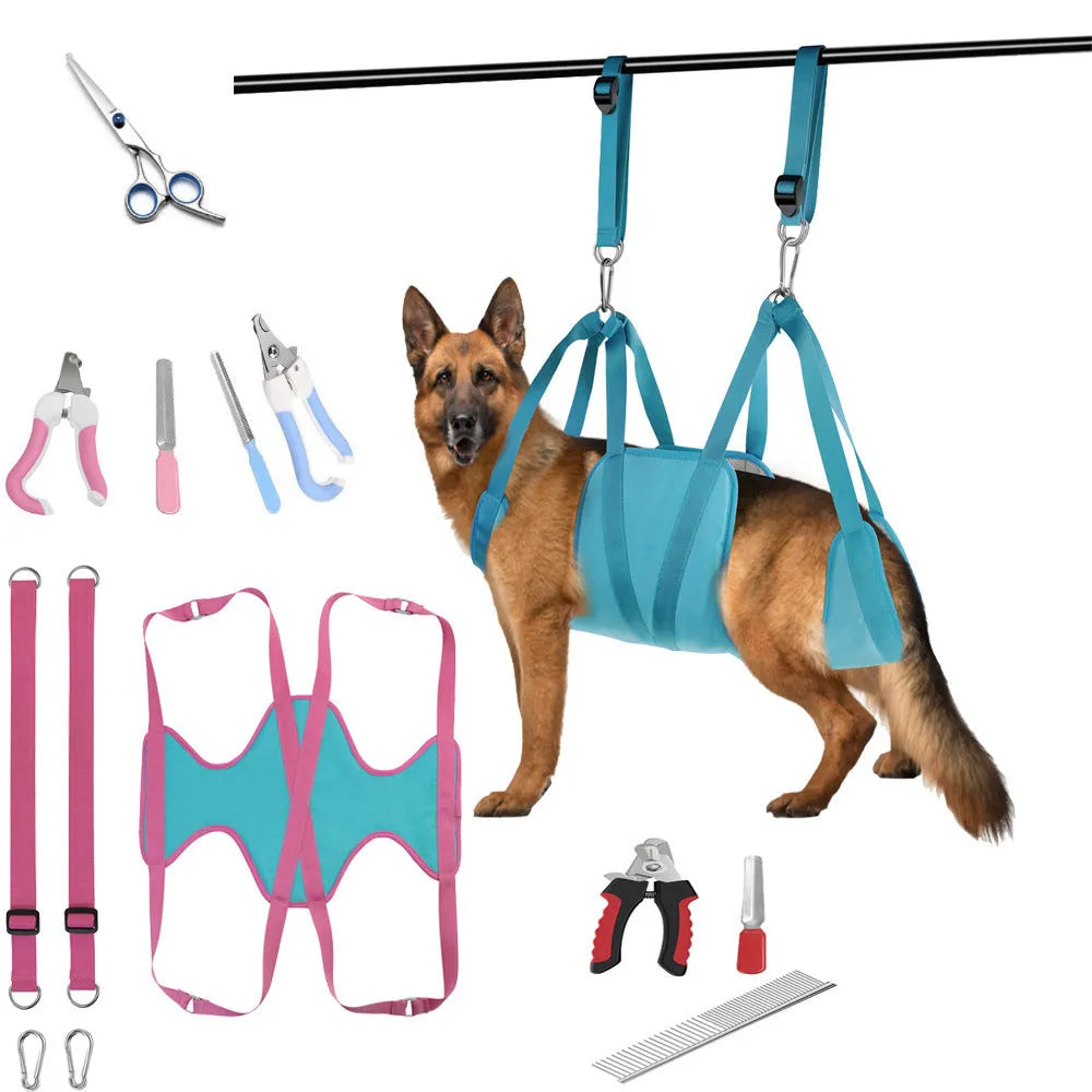 Waterproof pet grooming hammock kit in blue with nail clipper and trimmer for cats and small dogs, M/L