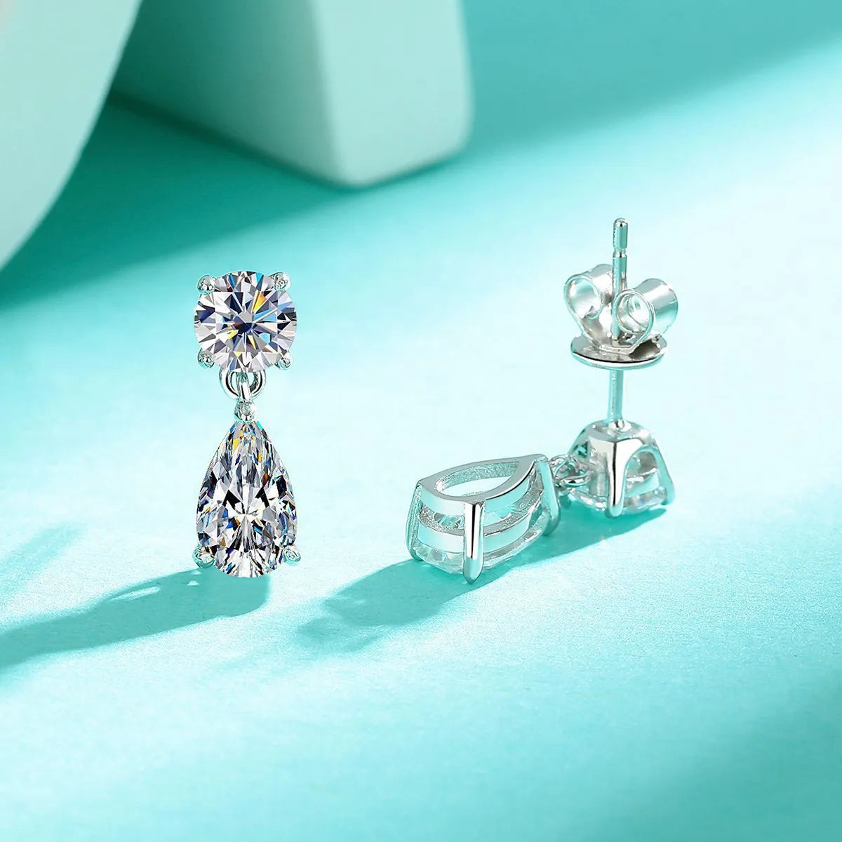 925 sterling silver geometric stud earrings with round and water drop moissanite stones