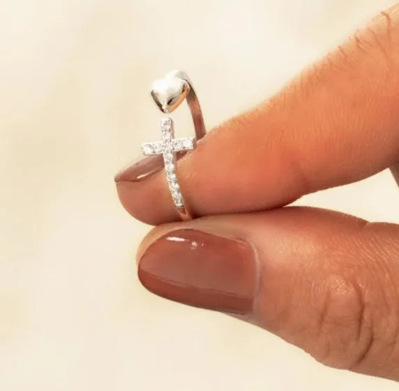 S925 sterling silver love cross open ring for women in white gold or rose gold colour with adjustable band