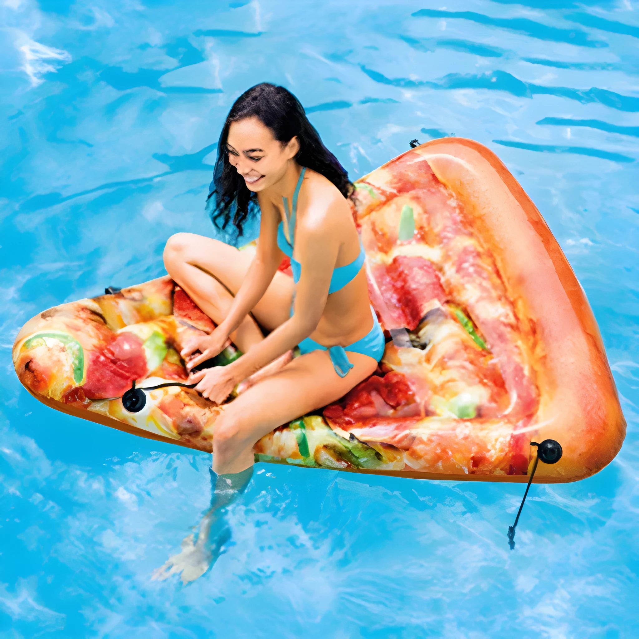 Large inflatable pizza-themed surfboard recliner floating on water, showing its 175cm length.