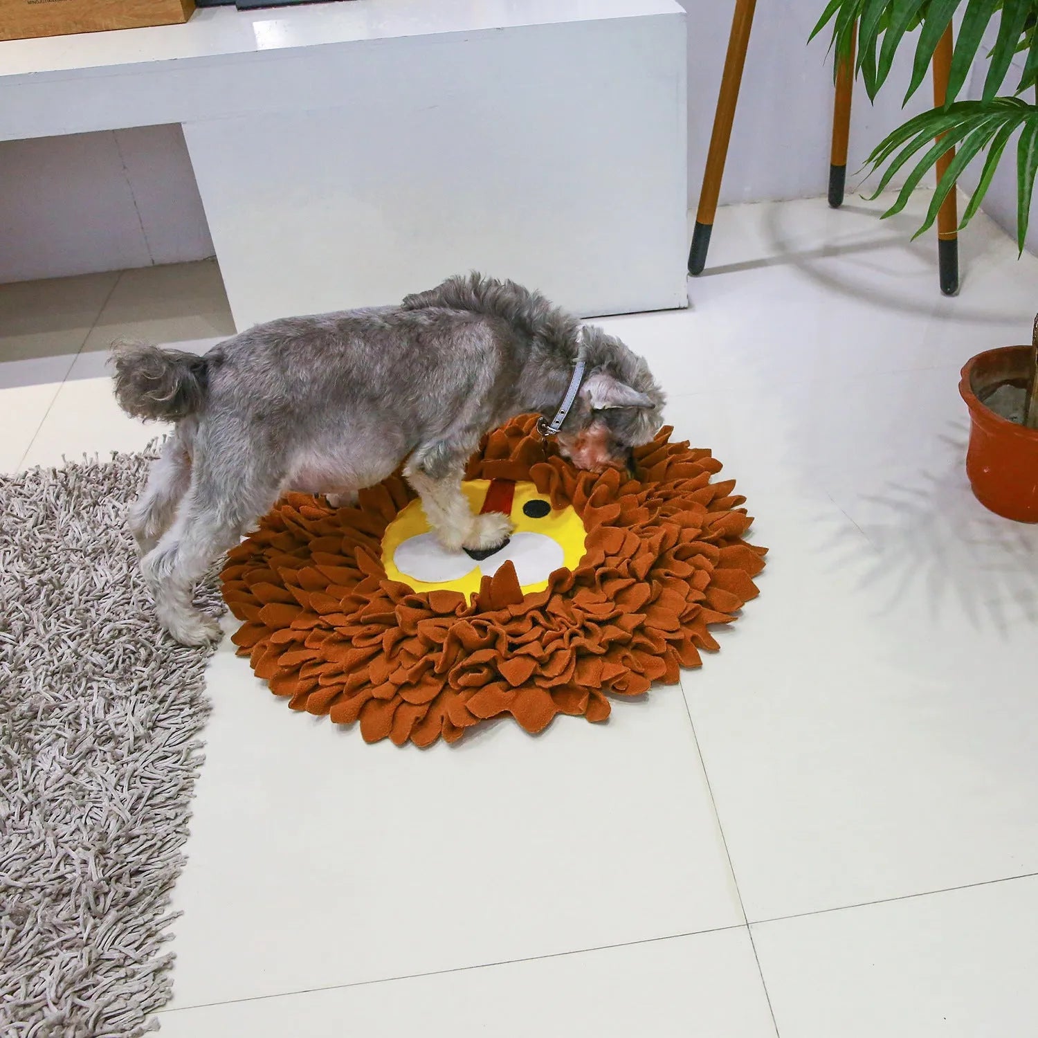 Brown fleece dog snuffle mat with removable compartments for hiding food