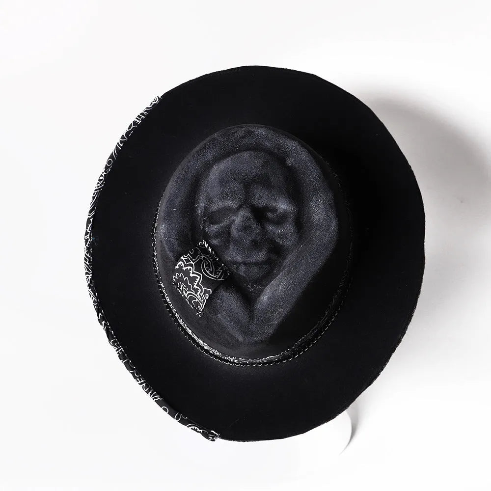 Handmade wool felt skull hat with conical crown design in denim-style finish