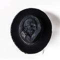 Handmade wool felt skull hat with conical crown design in denim-style finish