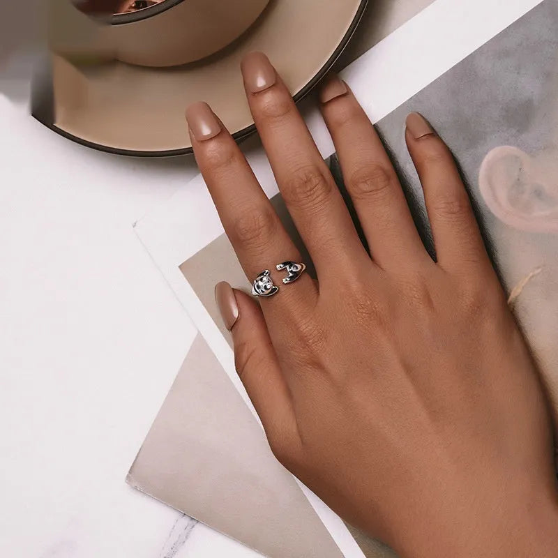 Adjustable panda open ring in sterling silver with white gold plating